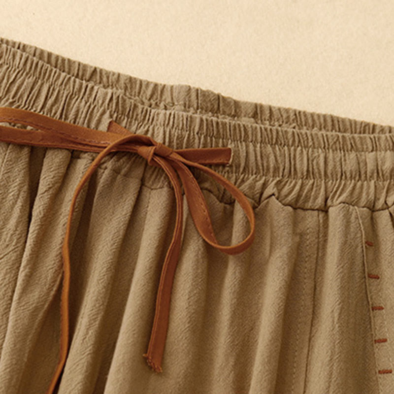 Casual Side Slits Design Cotton Women's Wide Leg 7-8 Length Pants With Pockets