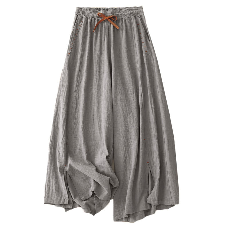 Casual Side Slits Design Cotton Women's Wide Leg 7-8 Length Pants With Pockets