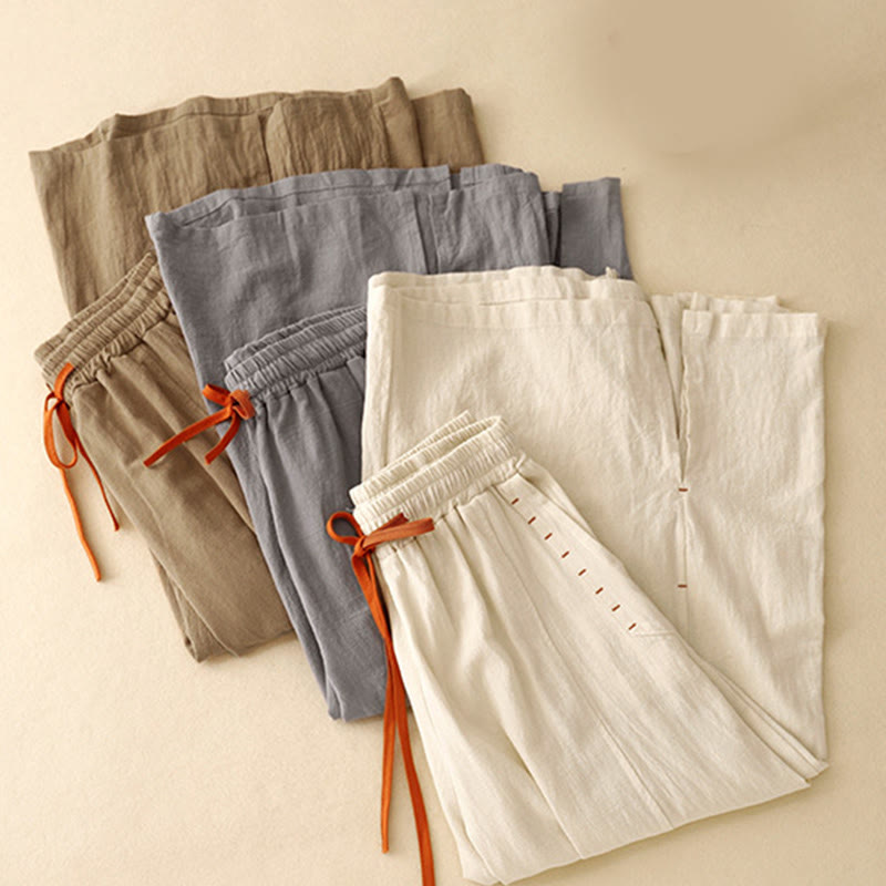 Casual Side Slits Design Cotton Women's Wide Leg 7-8 Length Pants With Pockets