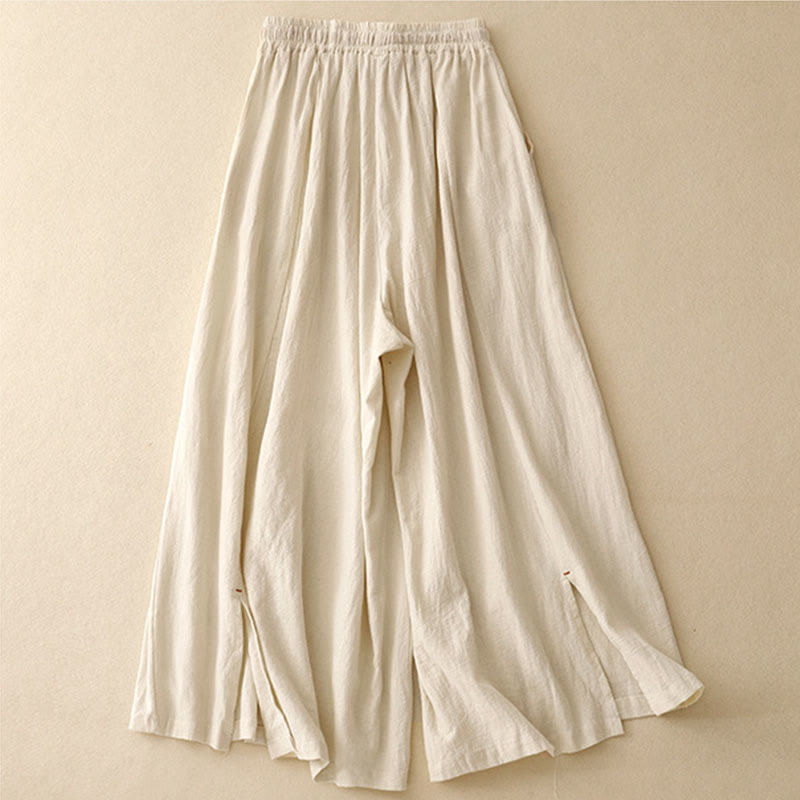 Casual Side Slits Design Cotton Women's Wide Leg 7-8 Length Pants With Pockets