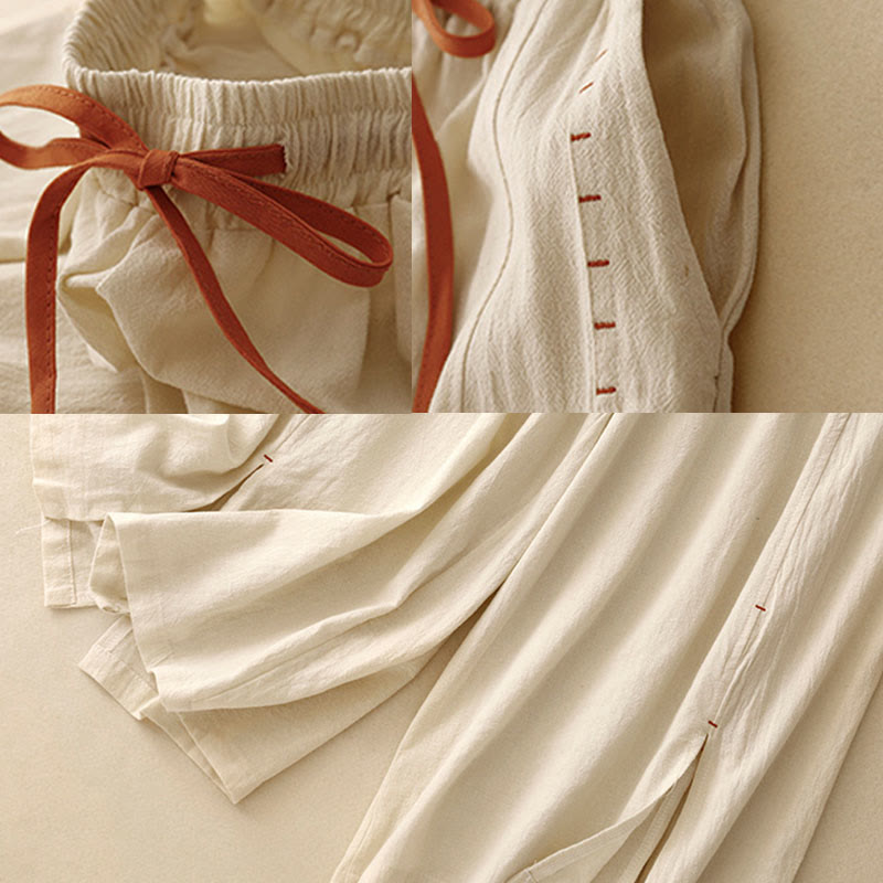 Casual Side Slits Design Cotton Women's Wide Leg 7-8 Length Pants With Pockets
