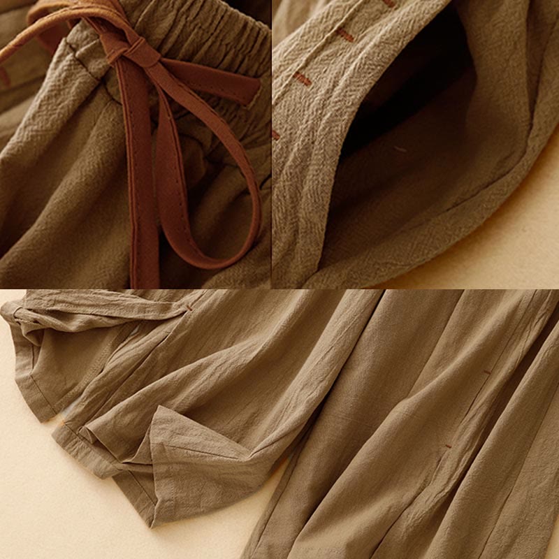 Casual Side Slits Design Cotton Women's Wide Leg 7-8 Length Pants With Pockets