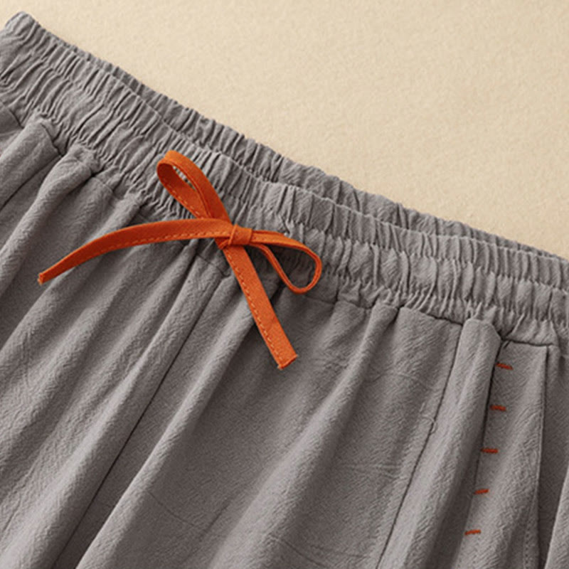 Casual Side Slits Design Cotton Women's Wide Leg 7-8 Length Pants With Pockets