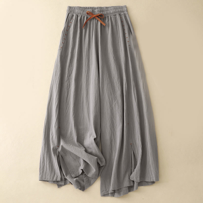 Casual Side Slits Design Cotton Women's Wide Leg 7-8 Length Pants With Pockets