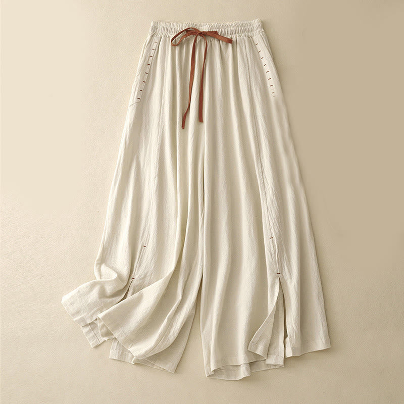 Casual Side Slits Design Cotton Women's Wide Leg 7-8 Length Pants With Pockets