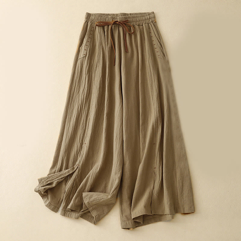 Casual Side Slits Design Cotton Women's Wide Leg 7-8 Length Pants With Pockets