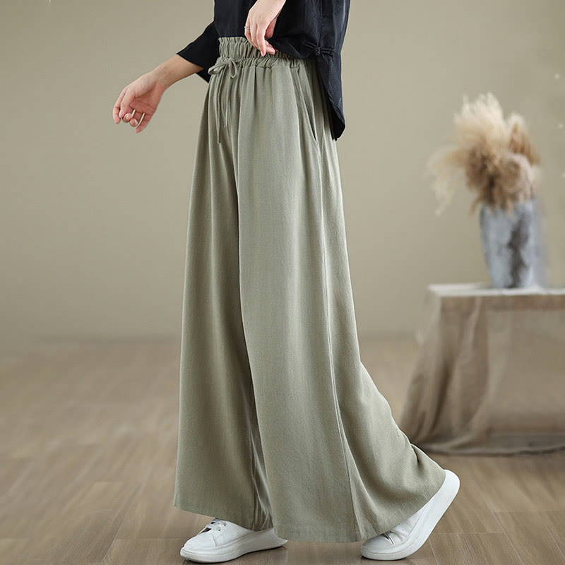 Commute Plain Simple Lace-Up Design Women's Wide Leg Cotton Linen Pants With Pockets
