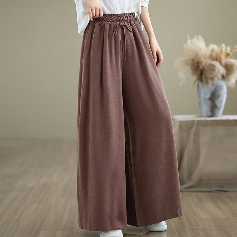Commute Plain Simple Lace-Up Design Women's Wide Leg Cotton Linen Pants With Pockets