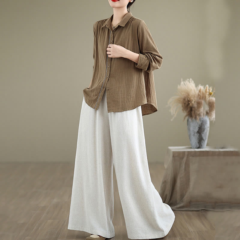 Commute Plain Simple Lace-Up Design Women's Wide Leg Cotton Linen Pants With Pockets