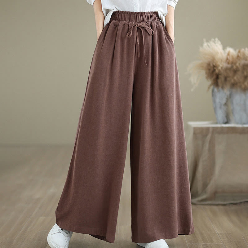 Commute Plain Simple Lace-Up Design Women's Wide Leg Cotton Linen Pants With Pockets