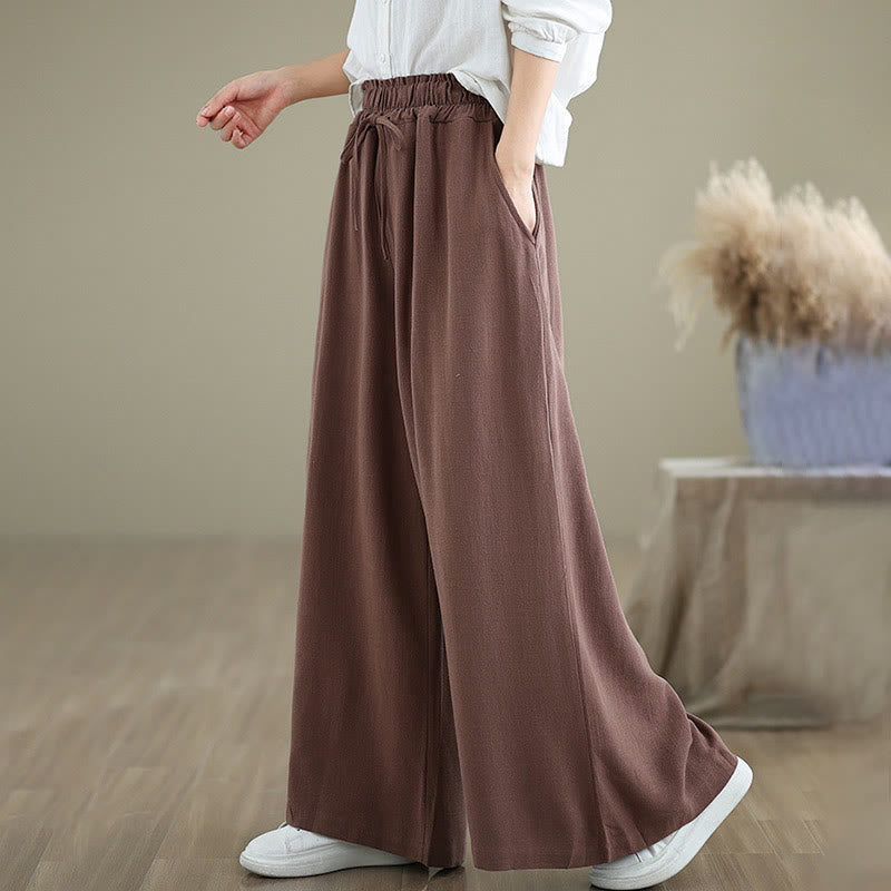 Commute Plain Simple Lace-Up Design Women's Wide Leg Cotton Linen Pants With Pockets