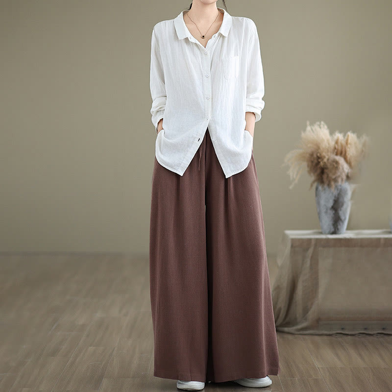 Commute Plain Simple Lace-Up Design Women's Wide Leg Cotton Linen Pants With Pockets