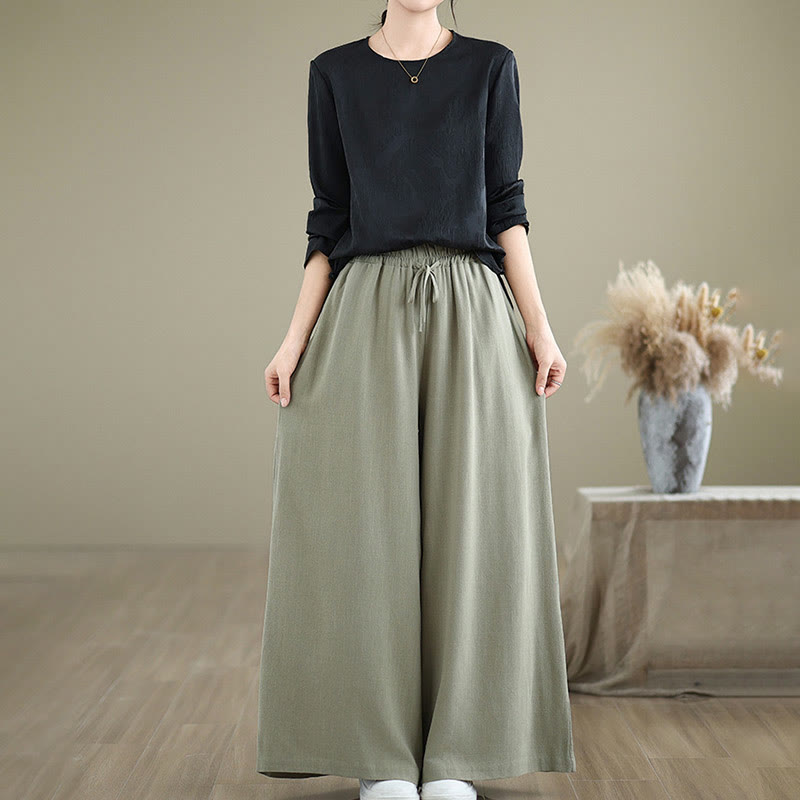 Commute Plain Simple Lace-Up Design Women's Wide Leg Cotton Linen Pants With Pockets