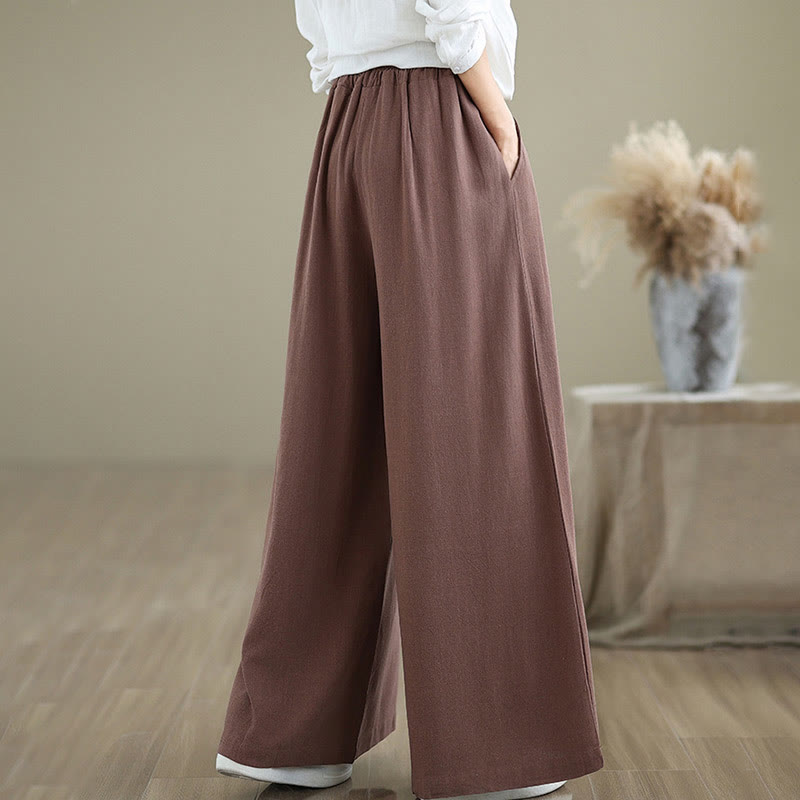 Commute Plain Simple Lace-Up Design Women's Wide Leg Cotton Linen Pants With Pockets