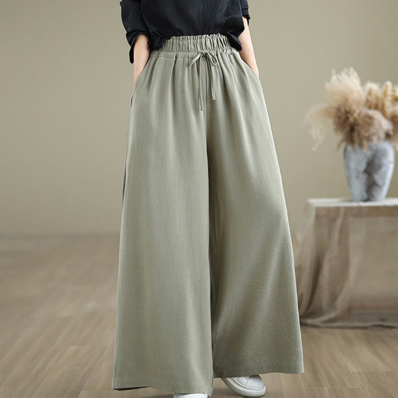 Commute Plain Simple Lace-Up Design Women's Wide Leg Cotton Linen Pants With Pockets
