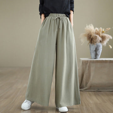 Commute Plain Simple Lace-Up Design Women's Wide Leg Cotton Linen Pants With Pockets