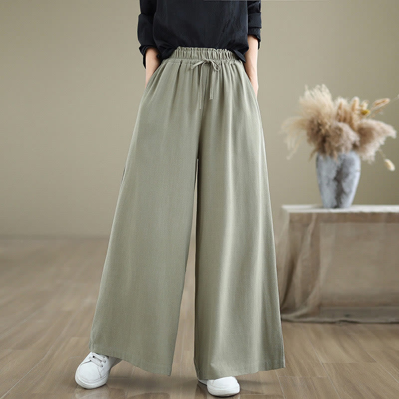 Commute Plain Simple Lace-Up Design Women's Wide Leg Cotton Linen Pants With Pockets