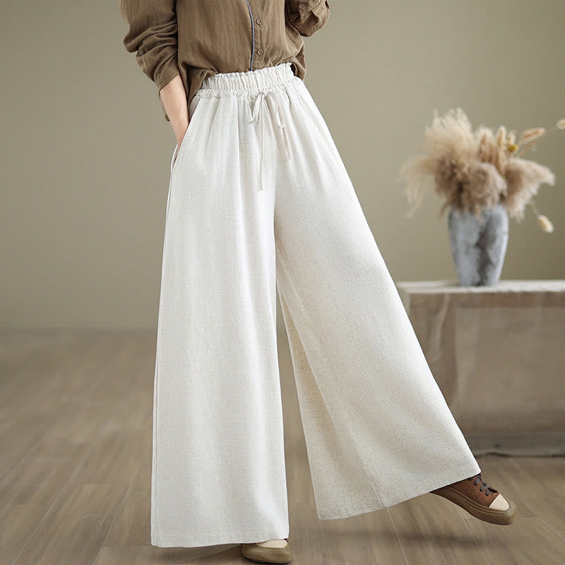 Commute Plain Simple Lace-Up Design Women's Wide Leg Cotton Linen Pants With Pockets