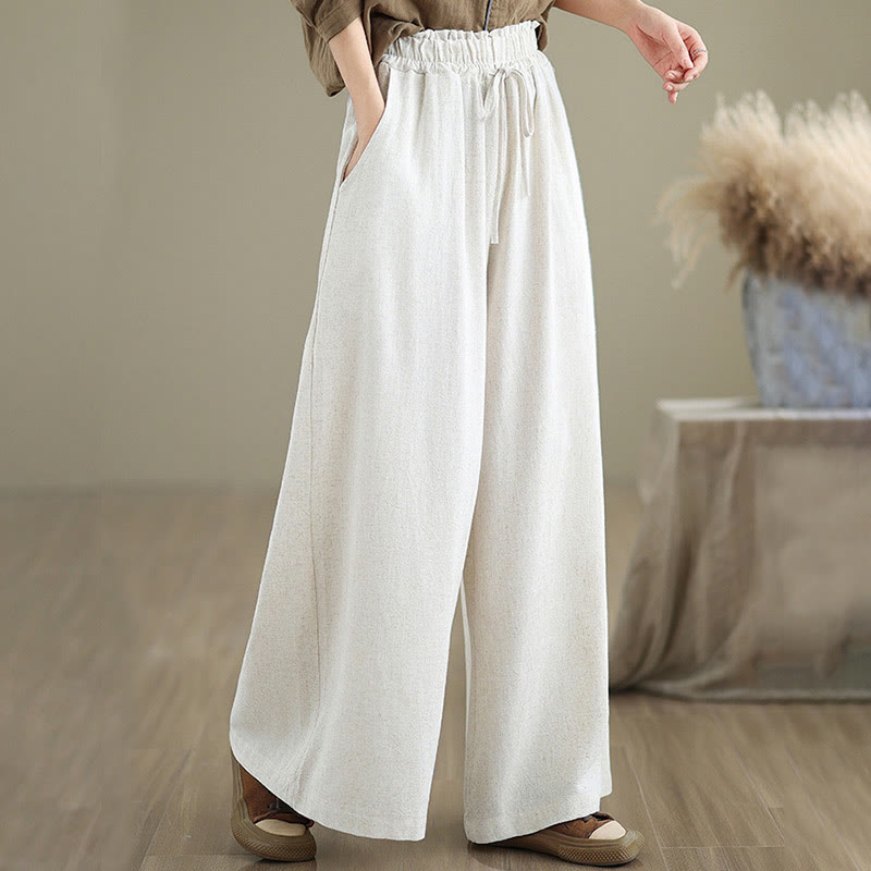 Commute Plain Simple Lace-Up Design Women's Wide Leg Cotton Linen Pants With Pockets