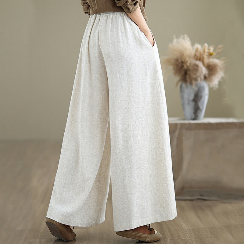 Commute Plain Simple Lace-Up Design Women's Wide Leg Cotton Linen Pants With Pockets