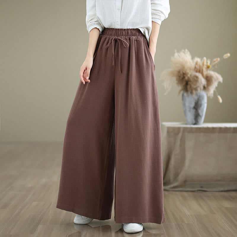 Commute Plain Simple Lace-Up Design Women's Wide Leg Cotton Linen Pants With Pockets