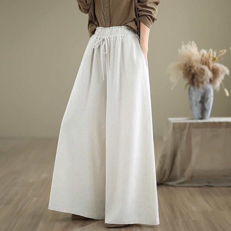 Commute Plain Simple Lace-Up Design Women's Wide Leg Cotton Linen Pants With Pockets