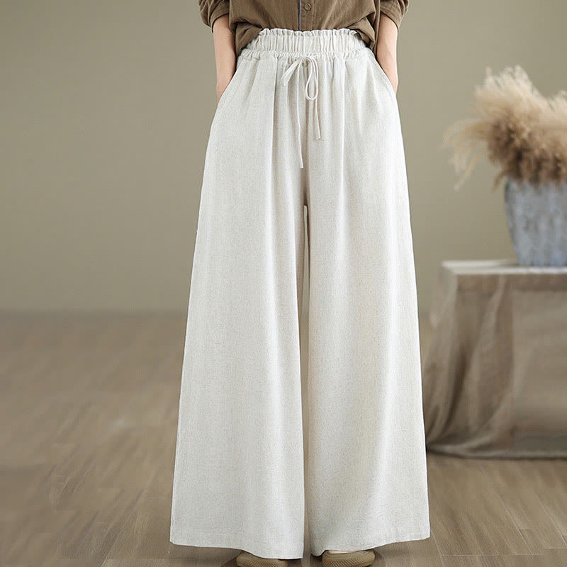 Commute Plain Simple Lace-Up Design Women's Wide Leg Cotton Linen Pants With Pockets