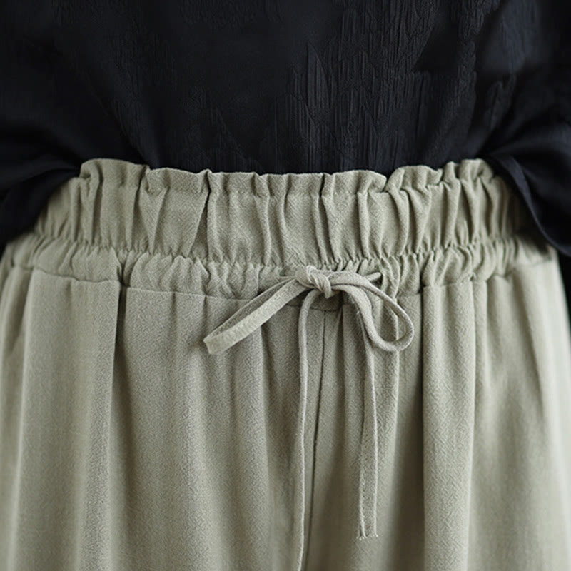 Commute Plain Simple Lace-Up Design Women's Wide Leg Cotton Linen Pants With Pockets