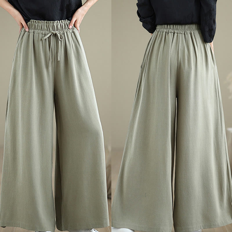 Commute Plain Simple Lace-Up Design Women's Wide Leg Cotton Linen Pants With Pockets
