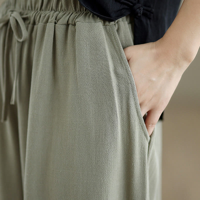 Commute Plain Simple Lace-Up Design Women's Wide Leg Cotton Linen Pants With Pockets