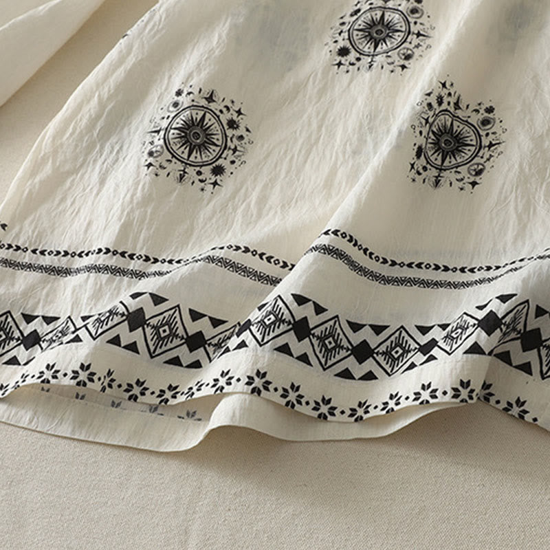 Bohemian Printing Celestial Pattern Women's Wide Leg Cotton Pants With Pockets