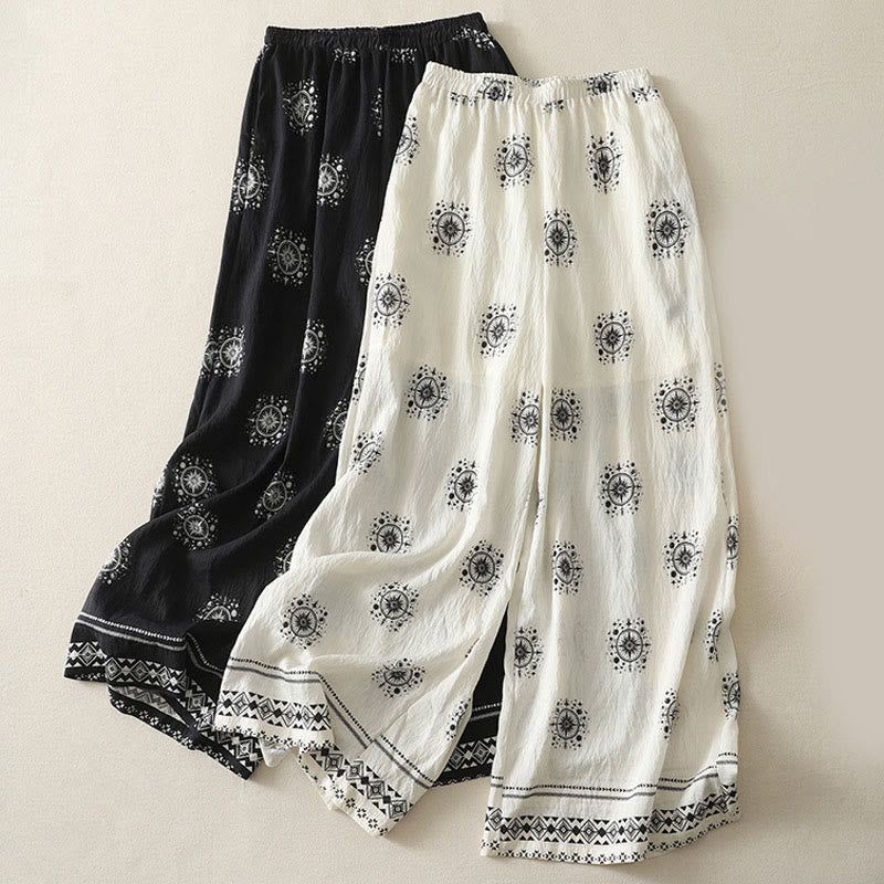 Bohemian Printing Celestial Pattern Women's Wide Leg Cotton Pants With Pockets