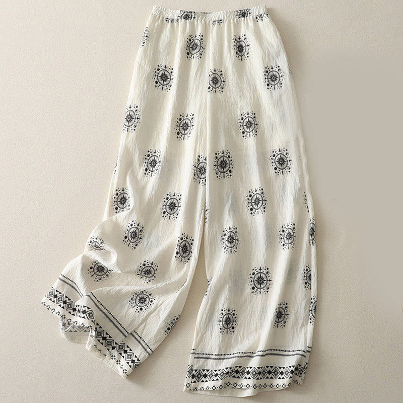 Bohemian Printing Celestial Pattern Women's Wide Leg Cotton Pants With Pockets