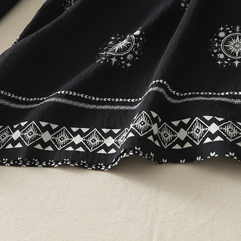 Bohemian Printing Celestial Pattern Women's Wide Leg Cotton Pants With Pockets