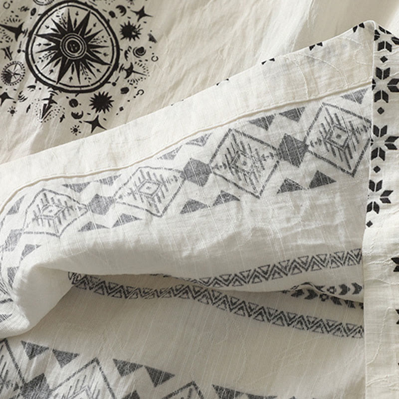 Bohemian Printing Celestial Pattern Women's Wide Leg Cotton Pants With Pockets