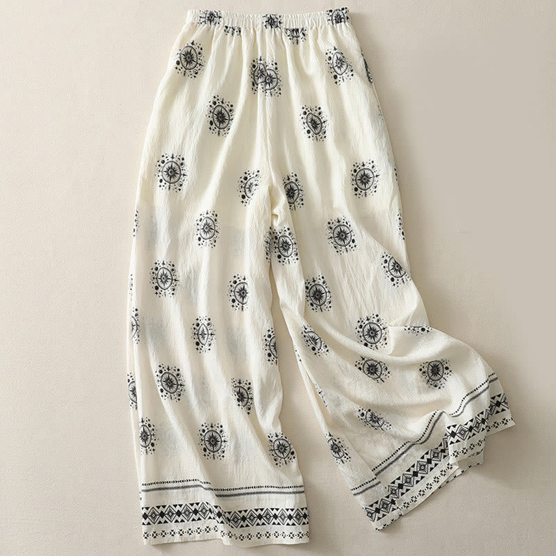 Bohemian Printing Celestial Pattern Women's Wide Leg Cotton Pants With Pockets