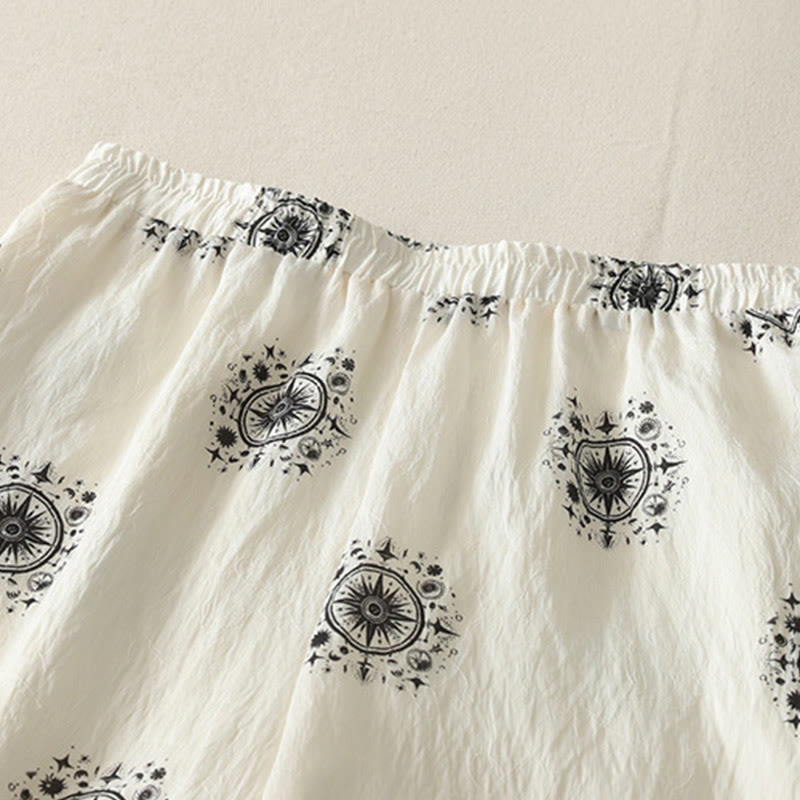 Bohemian Printing Celestial Pattern Women's Wide Leg Cotton Pants With Pockets