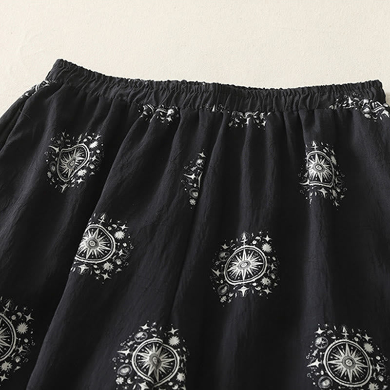 Bohemian Printing Celestial Pattern Women's Wide Leg Cotton Pants With Pockets