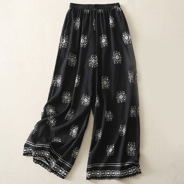Bohemian Printing Celestial Pattern Women's Wide Leg Cotton Pants With Pockets