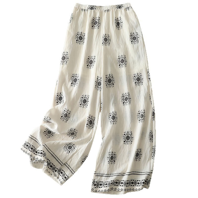Bohemian Printing Celestial Pattern Women's Wide Leg Cotton Pants With Pockets