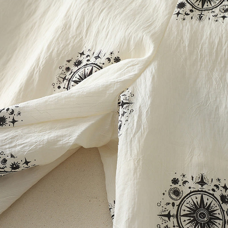 Bohemian Printing Celestial Pattern Women's Wide Leg Cotton Pants With Pockets