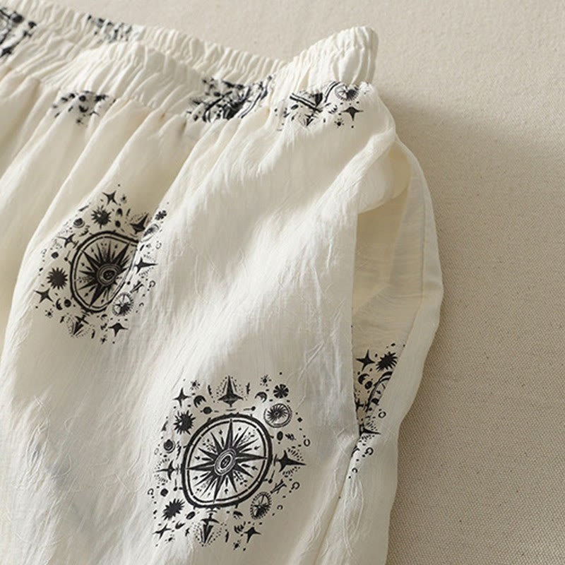 Bohemian Printing Celestial Pattern Women's Wide Leg Cotton Pants With Pockets