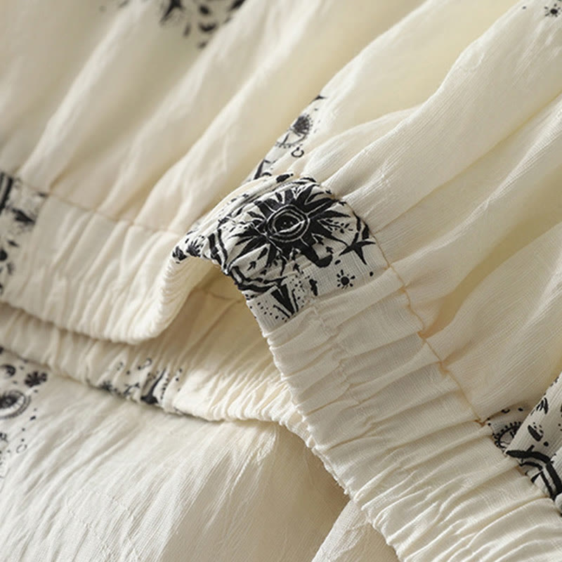 Bohemian Printing Celestial Pattern Women's Wide Leg Cotton Pants With Pockets