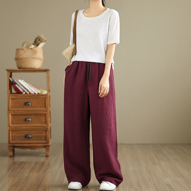 Commute Retro Solid Color Women's Harem Drawstring Cotton Pants With Pockets