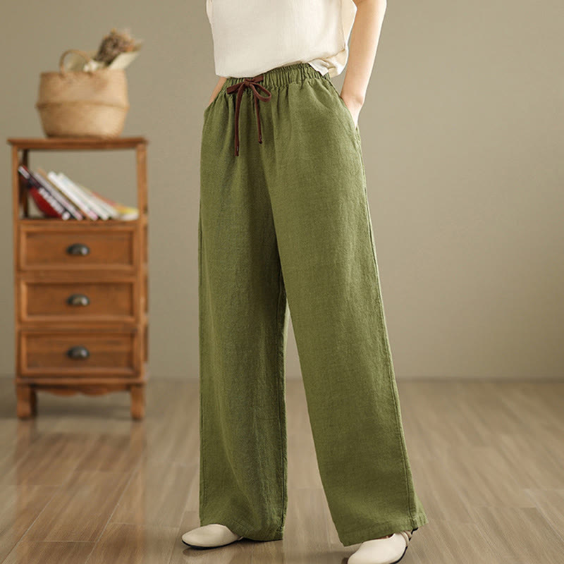 Commute Retro Solid Color Women's Harem Drawstring Cotton Pants With Pockets