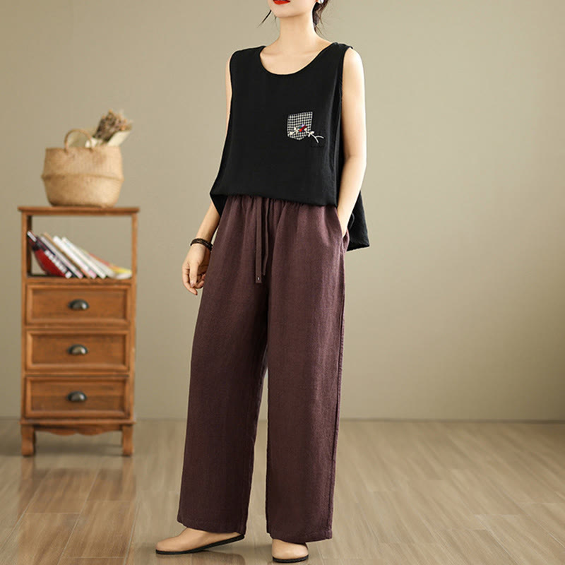 Commute Retro Solid Color Women's Harem Drawstring Cotton Pants With Pockets