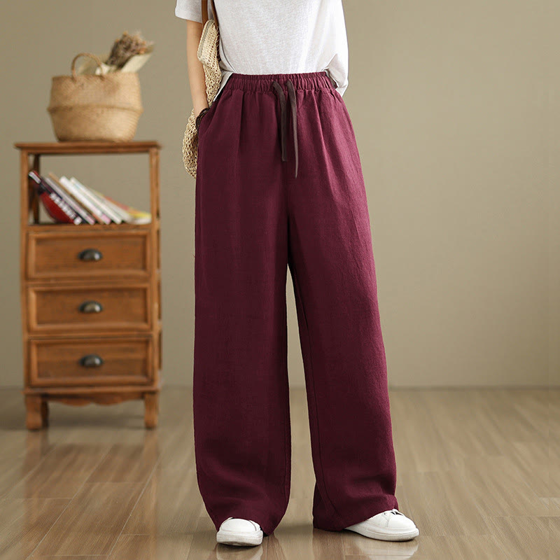 Commute Retro Solid Color Women's Harem Drawstring Cotton Pants With Pockets