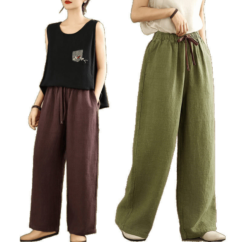 Commute Retro Solid Color Women's Harem Drawstring Cotton Pants With Pockets