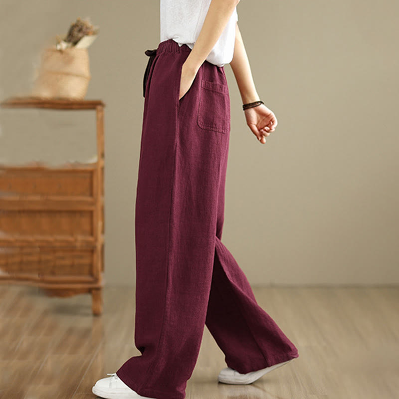 Commute Retro Solid Color Women's Harem Drawstring Cotton Pants With Pockets