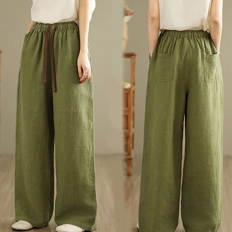 Commute Retro Solid Color Women's Harem Drawstring Cotton Pants With Pockets